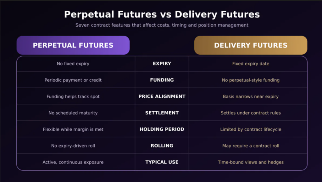Perpetual futures vs delivery futures across seven contract features